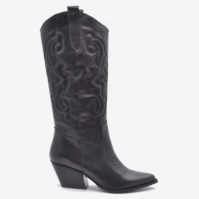 Shania Black Leather Texan Boot